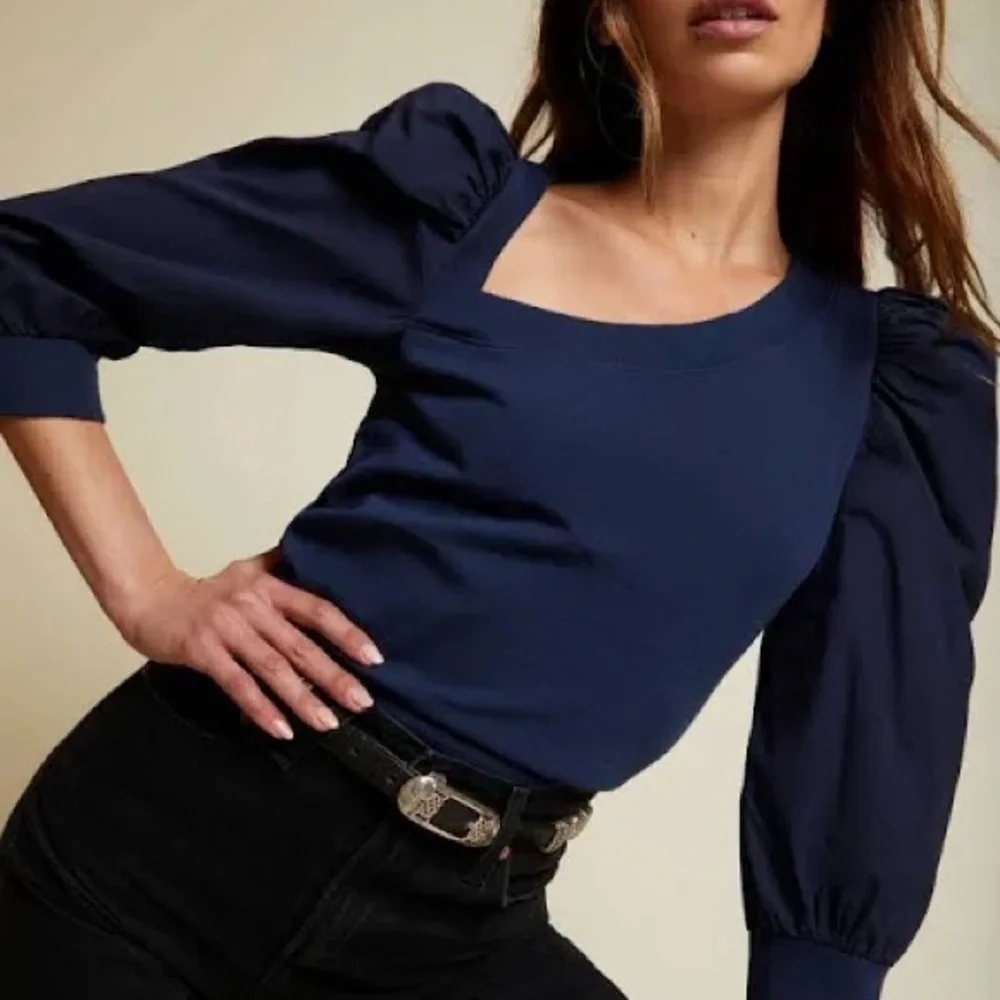 Nation LTD 100%cotton Blue Asymmetrical Ruched Puff Sleeve Blouse.      order115 - Picture 7 of 14